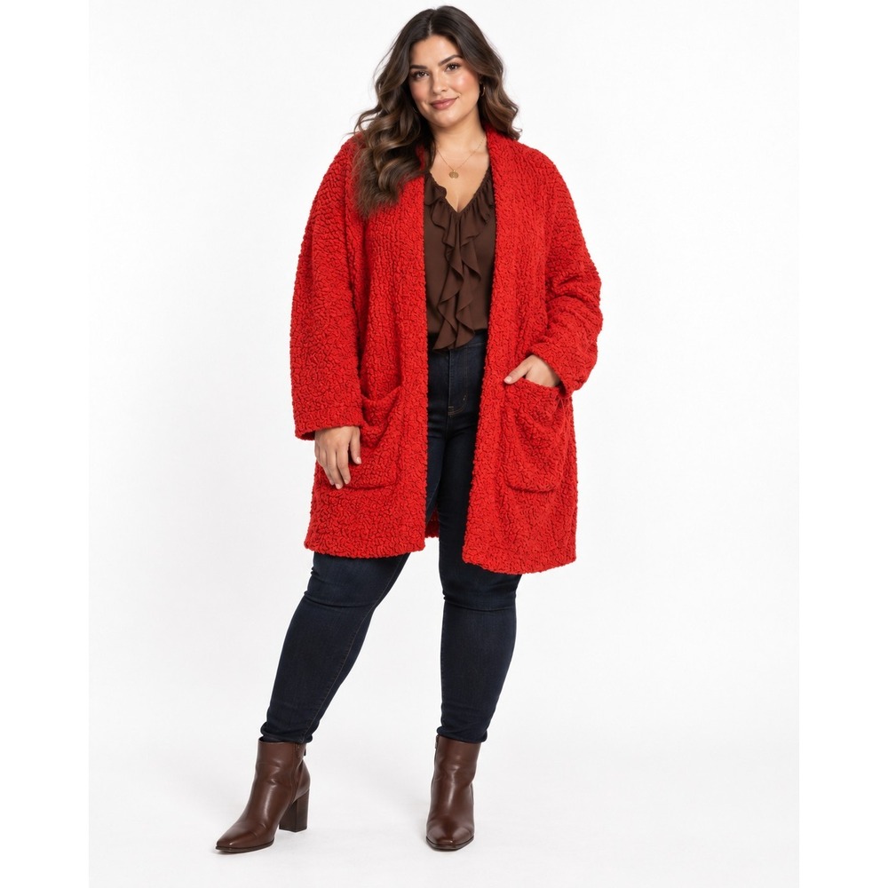 Maurices 1X Tomato Red Textured Popcorn Knit Longline Open Front Cardigan